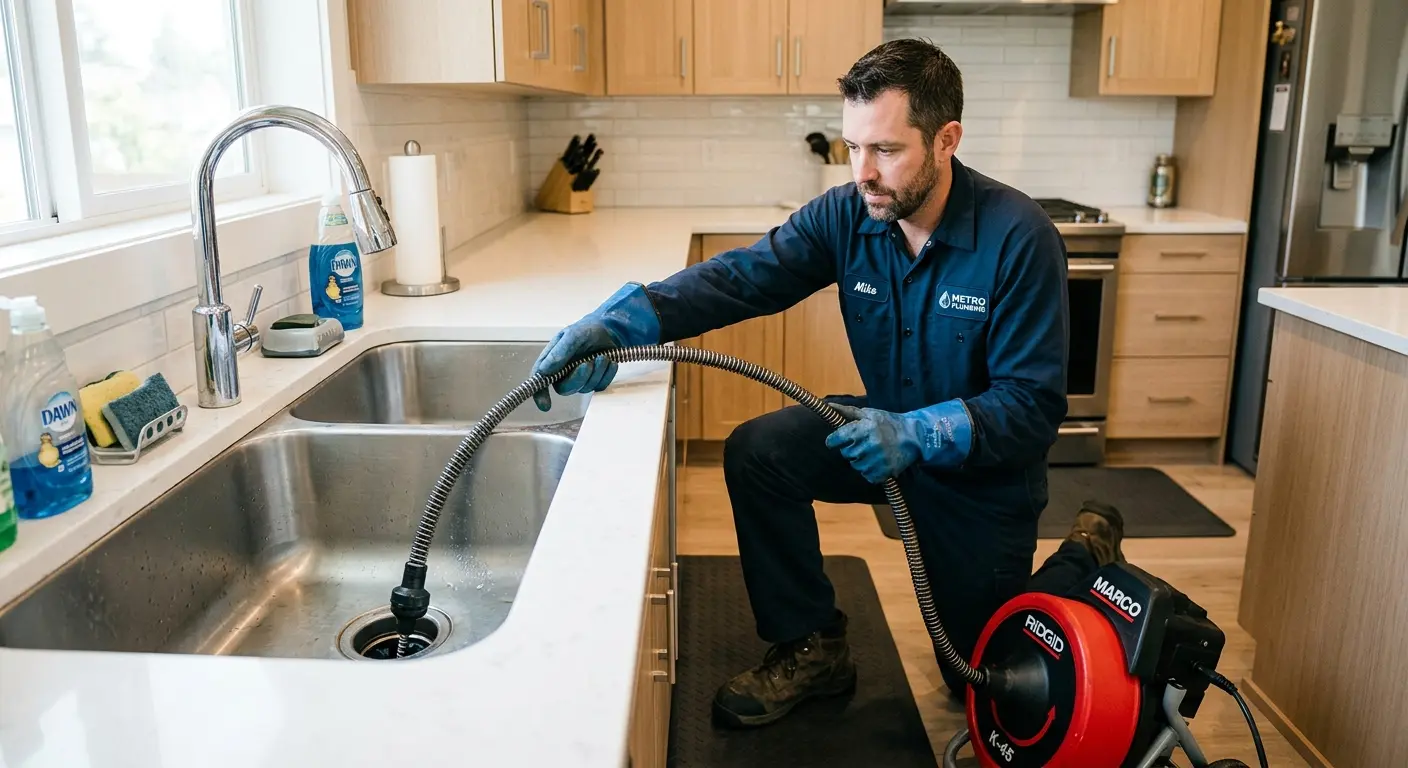 Drain cleaning technician using a motorized snake on a kitchen sink in Garden City