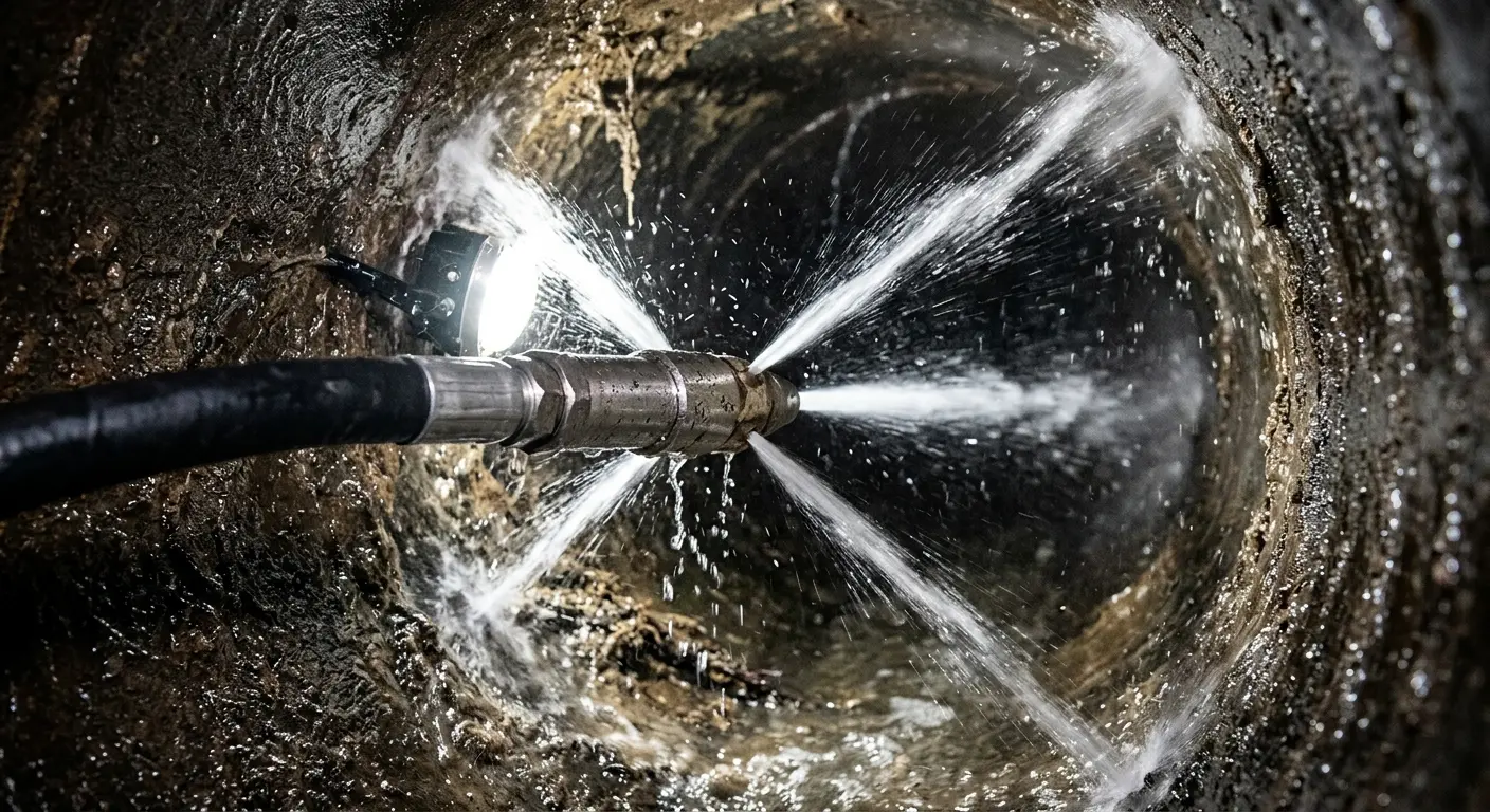 High-pressure hydro jetting nozzle cleaning sewer pipe for Emergency Drain Service in Garden City