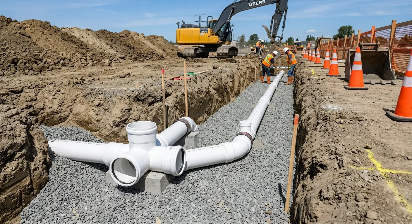 New PVC sewer pipe installation in open trench for Commercial Drain Cleaning in Garden City