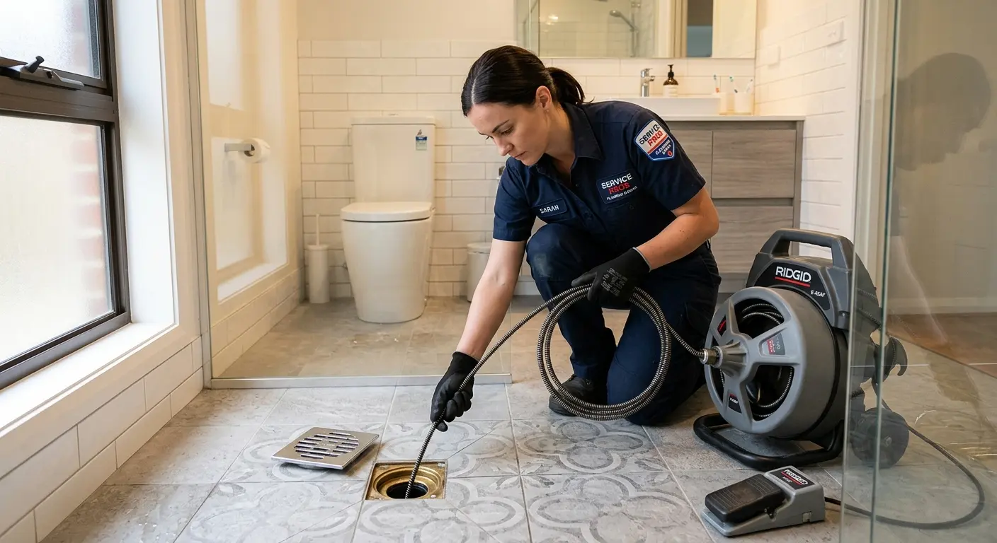 Technician clearing a bathroom floor drain for Drain Repair in Garden City